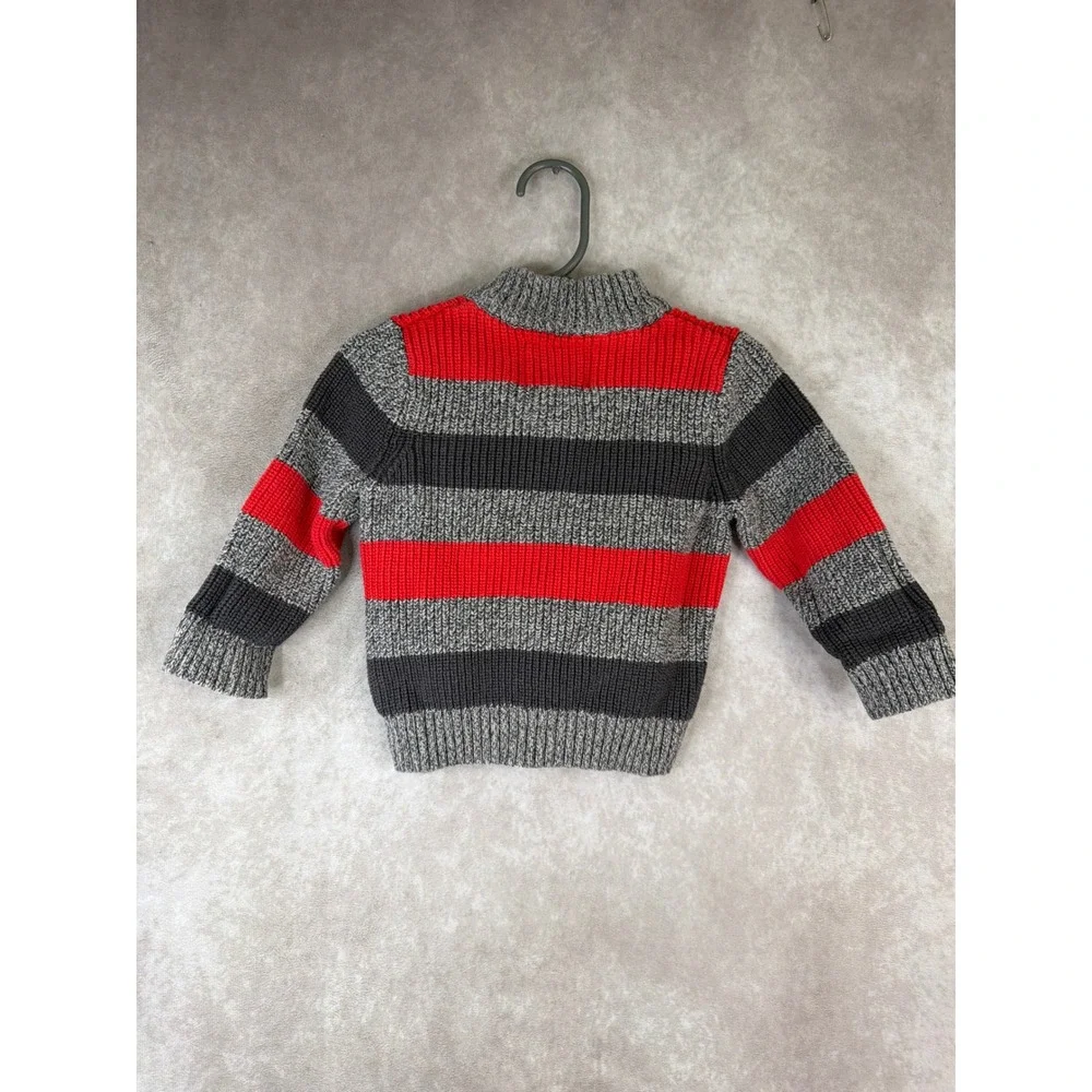 OshKosh B'gosh Quarter Zip Sweater Boys 18M Red Grey‎ Striped Chunky Knit